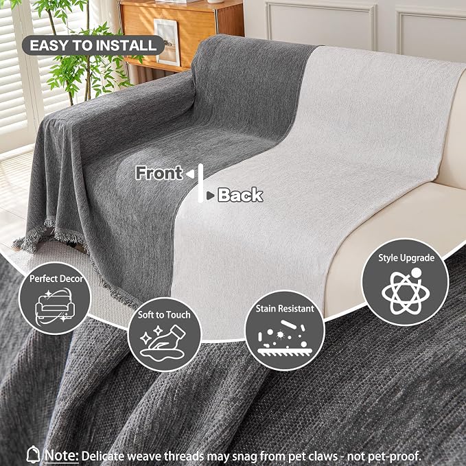 DREAMINGO Sofa Covers Washable Thick Chenille Couch Cover for 3 Cushion Couch Sofa Multi-Use Couch Cover Blanket Modern Pet Furniture Protector Sectional Couch Slipcover 71"x150", Dark Grey - Image 3