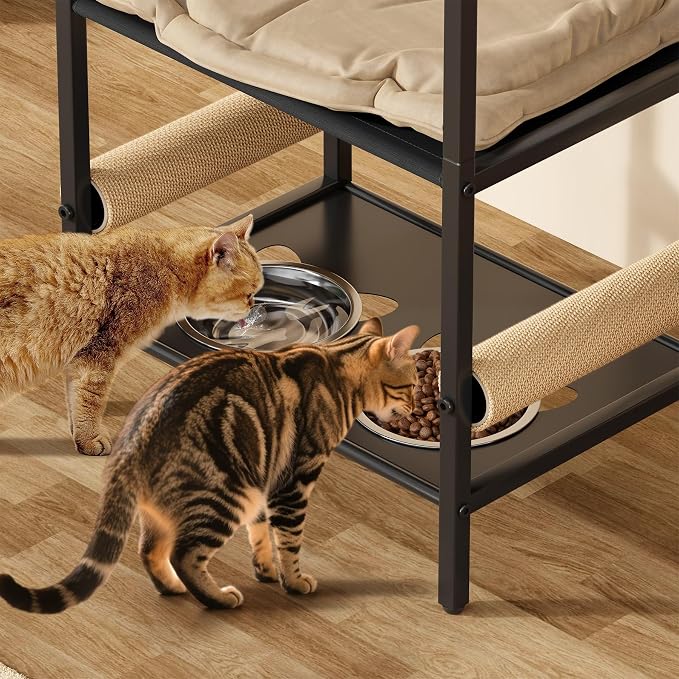 Cat Feeding Station Furniture with Scratching Post, 3-Tier Cat Food Organizer & Storage, Raised Feeding Stand with 2 Stainless Steel Bowls, Space-Saving Cat Shelf for Small Spaces, Black - Image 8
