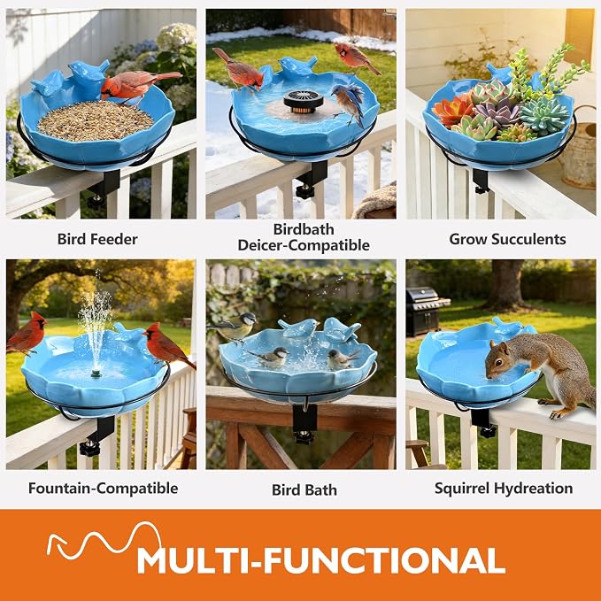Glazed Ceramic Bird Bath for Deck Railing, 11 Inch Outdoor Deck Mounted Bird Baths Feeder Bowl with Adjustable Clamp, Easy Install Balcony Patio Birdbath for Outside Backyard Decoration, Blue - Image 7