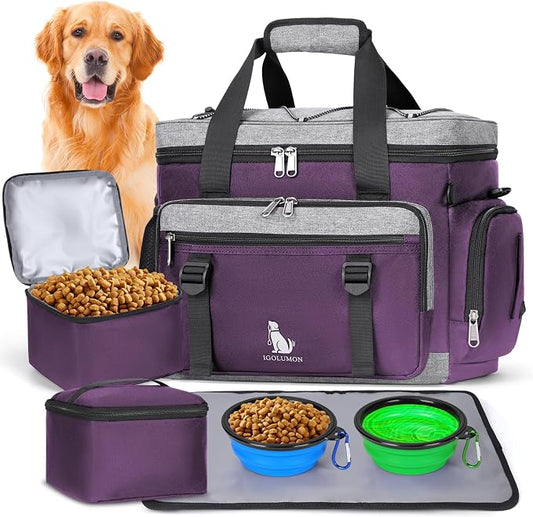 IGOLUMON Dog Travel Bag Large Pet Travel Bags Set for Supplies Weekend Travel Kit Tote Organizer Multi-Pockets Dog Food Travel Bag with 2 Large Food Containers, 2 Dog Bowls, 1 Feeding Mat, Purple by IGOLUMON