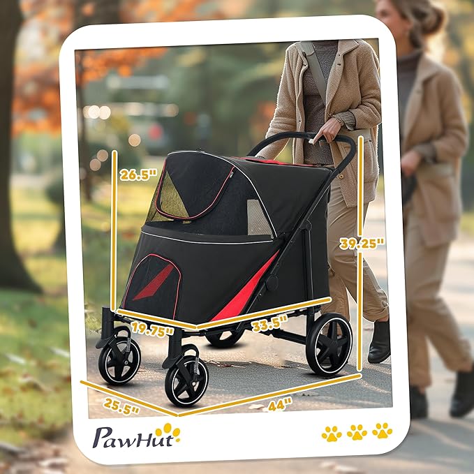 PawHut Dog Stroller for Large Medium Small Dogs up to 66 Lbs. 23.5" in Body Length, One-Click Foldable Pet Cat Stroller with Storage, Shock Absorption Wheels, Mesh Window, Safety Leash, Black