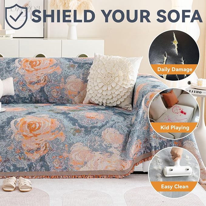 VClife Flower Couch Cover for Sectional Sofa Washable Sofa Cover, Modern Peach Blue Flower Sofa Couch Cover Breathable Anti-Slip Cotton Linen Sofa Slipcover with Tassel Aesthetic Sofa Cover 71"x118" - Image 6