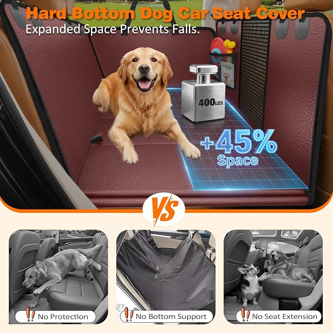 URPOWER Hard Bottom Dog Car Seat Cover for Back Seat, Waterproof Hammock | 400 lbs Support, 45% More Space, PU Leather, Waterproof, Scratch Resistant, Non-Slip, Mesh Window, Dog Seat Belt Included - Image 2