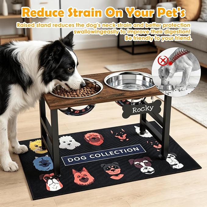 10" Tall Elevated Dog Bowls, Wooden & Metal Raised Dog Bowl Stand with 2 Stainless Steel Bowls-1700ml Capacity & Non-Slip Mat, Easy-Clean for Indoor/Outdoor Use - Image 2