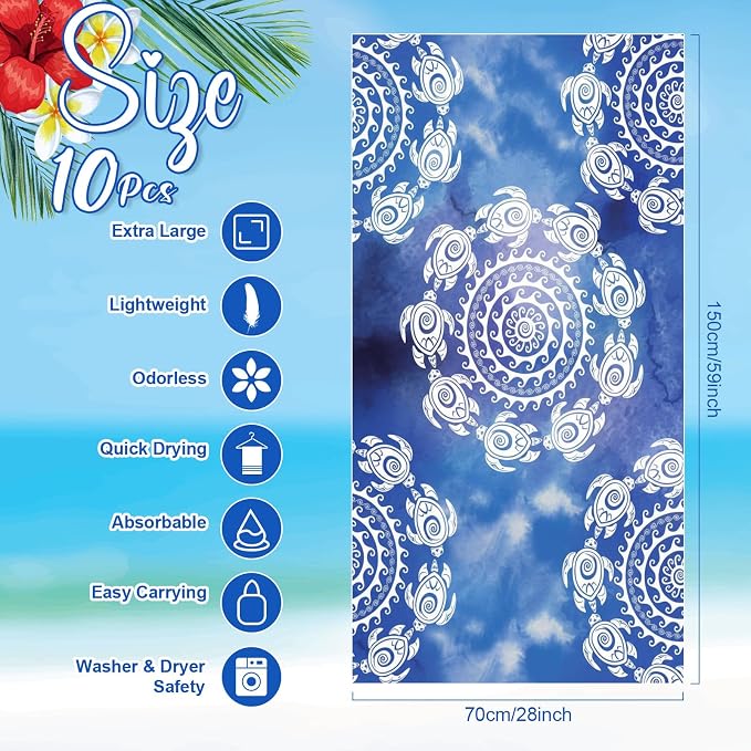 EBOOT 10 Pack Oversized Beach Towel Set Extra Large Pool Towels Microfiber Quick Dry Swim Blanket for Adult Women Men Face Hand Body Bath Travel Pool(Ocean Blue,28 x 59 Inch,Boho Ocean Style) - Image 2