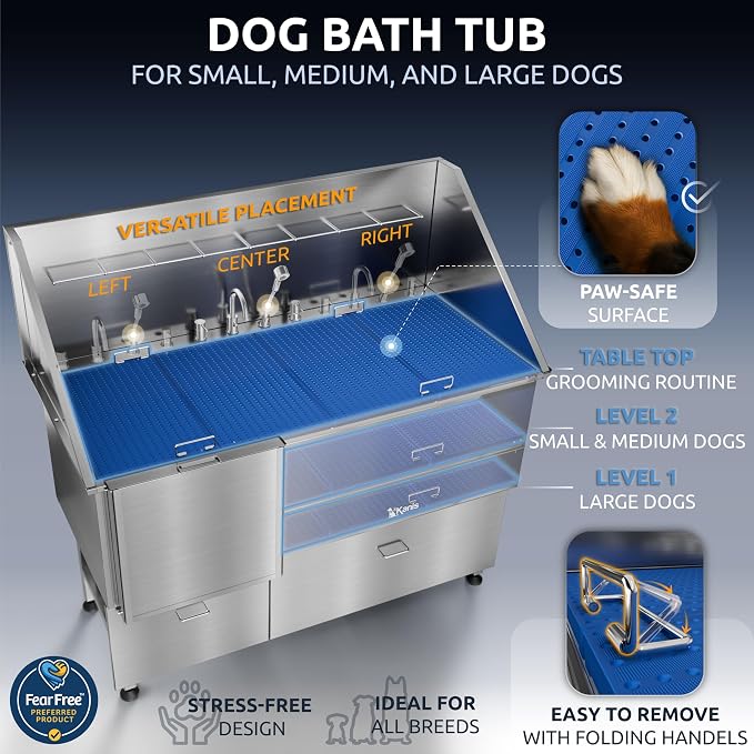 KANIS Professional Dog Washing Station 304 Stainless Steel Pet Wash Sink | Grooming Bathtub w/Shower, Floor Grates and Storage for Large, Medium & Small Pets - Image 6