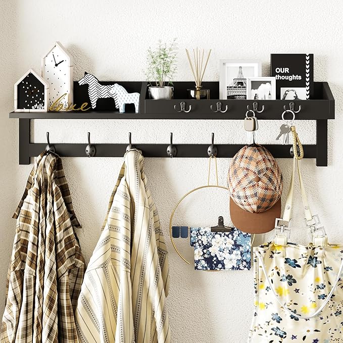 AMBIRD 35 inch Wall Hooks with Shelf, Coat Rack Wall Mount, Large Coat Hanger for Wall, Entryway Shelf with 7 Dual Coat Hooks, 4 Key Hooks and Mail Organizer, Wooden Key Holder Rack (Black) by AMBIRD