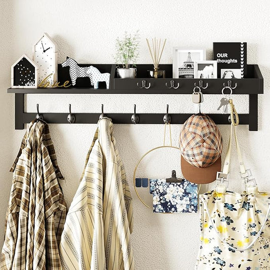 AMBIRD 35 inch Wall Hooks with Shelf, Coat Rack Wall Mount, Large Coat Hanger for Wall, Entryway Shelf with 7 Dual Coat Hooks, 4 Key Hooks and Mail Organizer, Wooden Key Holder Rack (Black) by AMBIRD