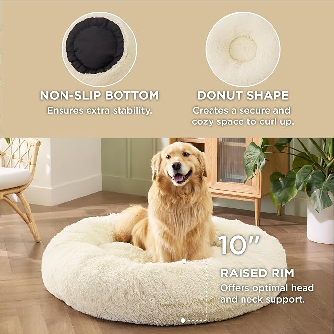 Bedsure Calming XL Dog Bed Donut Washable Extra Large Pet Bed,45ins | Fluffy Faux Fur Round Cuddler,Machine Washable,Anti-Slip Bottom,Anti-Anxiety,Deep Sleeping for Pets Up to 120 Lbs,Ivory Beige - Image 3