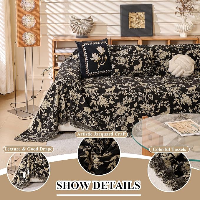 STACYPIK Vintage Botanical Floral Print Couch Cover for Pets, Chenille Jacquard Sofa Cover for 3 Cushion Couch,Multi-Use Furniture Protector, Non Slip Loveseat Slipcover for Sectional, Black-71X134IN - Image 2