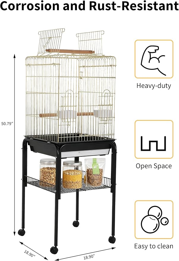Garvee Bird Cage, 57‘’H Open-Top Durable Bird Cage w/Rolling Stand, Removable Tray, Extra Storage Stand, Brakable Casters,Large Dorr for Access, Indoor& Outdoor Use for Birds | Durable, Extra Storage Stand, Brakable Casters,Large Dorr for Access, Indoo... - Image 2