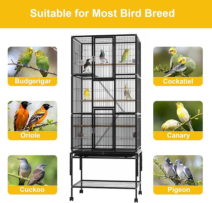 69-Inch Large Bird Cage with Dust Cover,Extra Large Bird Cages for Parakeet | Birdcages for Cockatiels Quaker Conure Lovebird Finch Canary Small Medium Parrot with Rolling Wheels,Black - Image 6