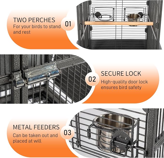 VINGLI Bird Cage with Wheels, 62 inch Bird Cages with Play Top, Wrought Iron Cage with Rolling Stand for Parrots, Cockatiels, Budgies, Lovebirds, Small/Medium Birds (Black) - Image 4