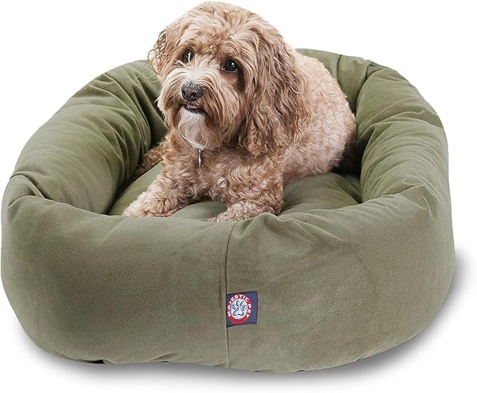 Majestic Pet 32 Inch Suede Calming Dog Bed Washable – Cozy Soft Round Dog Bed with Spine Support for Dogs to Rest Their Head - Fluffy Donut Dog Bed 32x23x7 (Inch) - Round Pet Bed Medium – Sage by MajesticPet