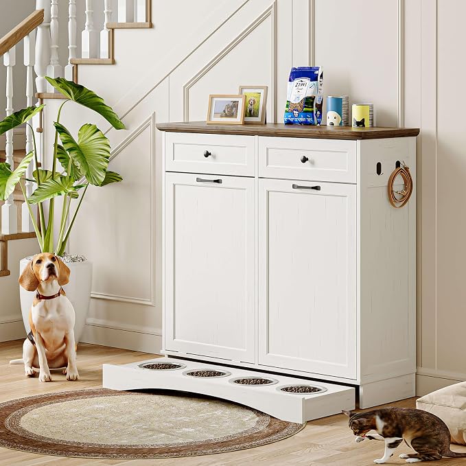 FIMELLO 39.7’’W Dual Doors Dog Food Storage Cabinet, Tilt-Out Dog Feeding Station with 4 Feeding Bowls, Pet Feeder Cabinet, White Grain - Image 7