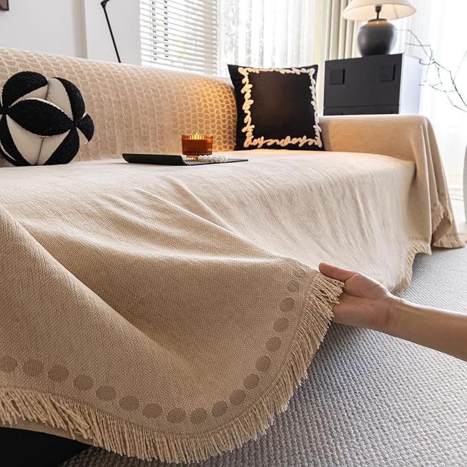 ROOMLIFE Couch Cover Sofa Covers, Chenille Couches Covers for 3 Cushion Sofas, Non Slip Soft Breathable Sofa Slipcovers for Pet, Washable Furniture Protector with Tassel,71''X134” Khaki - Image 9