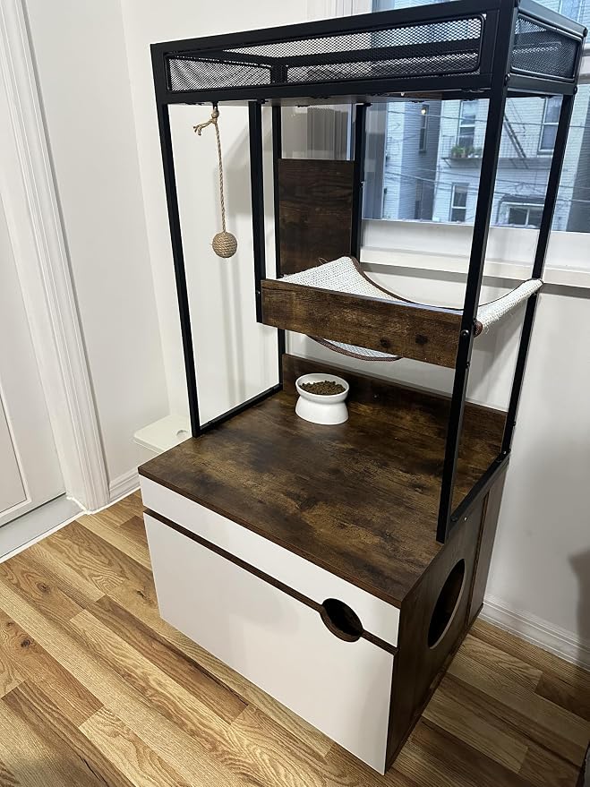 Cat Litter Box Furniture Enclosure with Shelve and Scratching Pad, Hidden Litter Box Furniture Pet Cabinet with Cat Feeding Station, 48.4 Inch Wooden Kitty Washroom Furniture, Cat Tree House,Cat Tower - Image 5