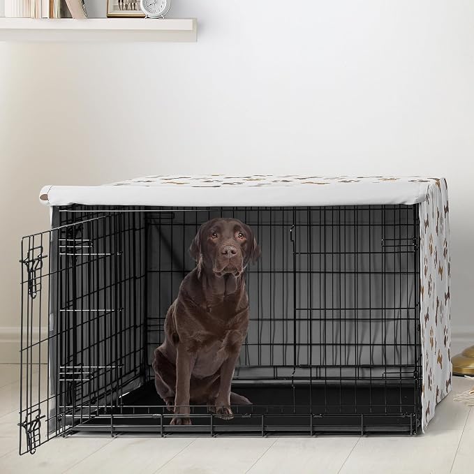 Sweet Jojo Designs 42in. Medium/Large Dog Crate Cover (Bones and Paw Prints) Pet Cage, Kennel Covers (Modern, Cartoon, Doggy, Puppy, Neutral, Paws Print, Whimsical, Brown, Tan, Grey, Taupe and White) - Image 2