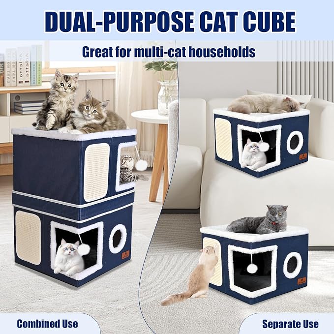 2-Story Cat House for Indoor Cats, Dual-Purpose Cat Cave Bed with Scratch Pad and Fluffy Ball, Foldable Cat Hideaway, Cute Cat Condo Furniture for Multi Small Pet Kitten, Blue - Image 3