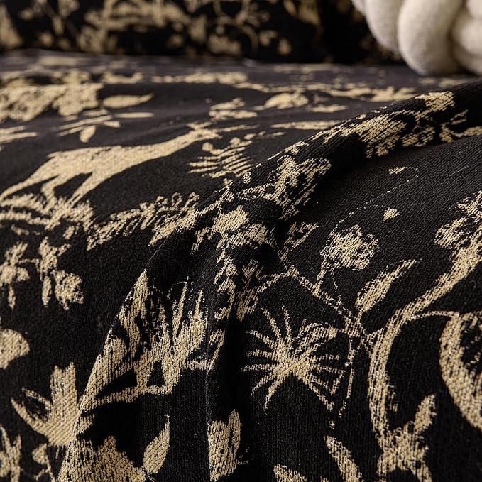 STACYPIK Soft Chenille Vintage Floral Sofa Cover, Washable Beige Black Couch Cover for 3 Cushion Couch, Decorative Couch Protector for Living Room, Loveseat Cover for Sectional with Tassels-71X150IN - Image 9