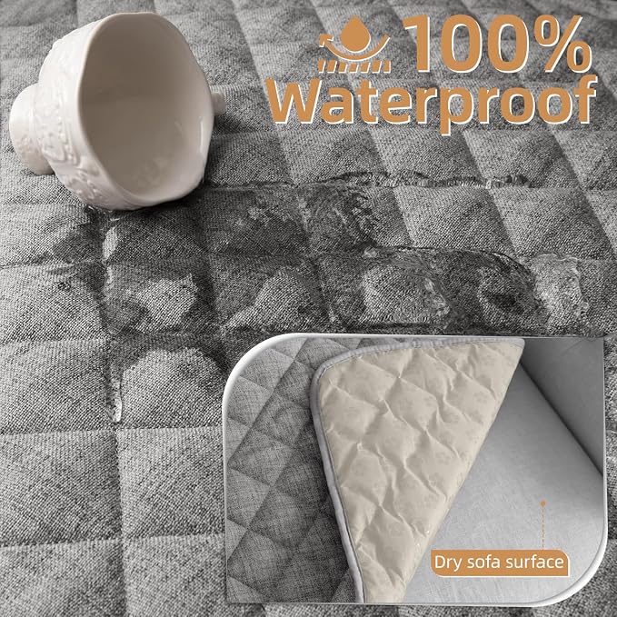 Dog Couch Cover for Sofa 100% Waterproof Faux Linen Sofa Covers for 3 Cushion Couch Washable Pet Friendly Sofa Slipcovers Non Slip Quilted Furniture Seat Protector (27.6x71 in, Light Gray) - Image 2