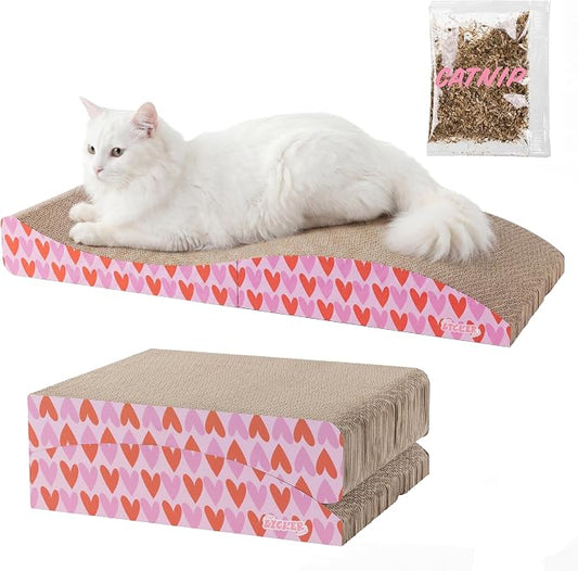 Eero 32" Modern Foldable Lounge Cat Scratcher with Catnip, Large Corrugated Cardboard Sofa Scratching Pad for Indoor Cats, Hearts, Pink CSR1011F by THELICKERSTORE