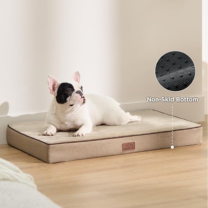 Bedsure Memory Foam Dog Bed Medium Size Dog, Orthopedic Crate Pads, 29x18 | Dual-layer Foam Mat for Optimal Support,Comfy Plush Flannel Fleece Pet Pillow, Removable Washable Cover, Nonslip Bottom，Khaki - Image 5