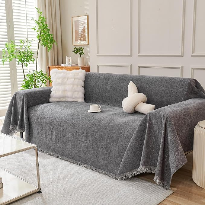 DREAMINGO Sofa Covers Washable Thick Chenille Couch Cover for 3 Cushion Couch Sofa Multi-Use Couch Cover Blanket Modern Pet Furniture Protector Sectional Couch Slipcover 91"x150", Dark Grey by DREAMINGO
