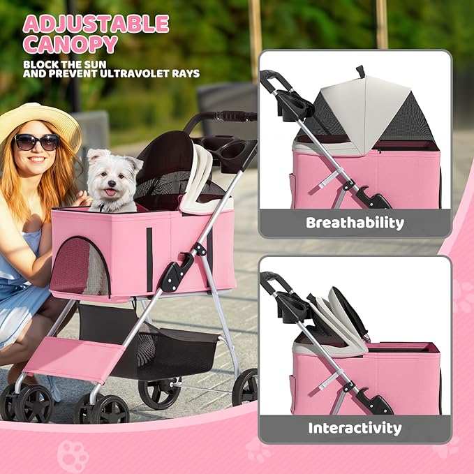 Magshion Foldable Pet Stroller, 3-in-1 Dog Travel Jogger with Detachable Carrier, Cup Holder, Storage Basket, Folding Carrier for Small/Medium Dogs & Cats Up to 33 lbs, Pink
