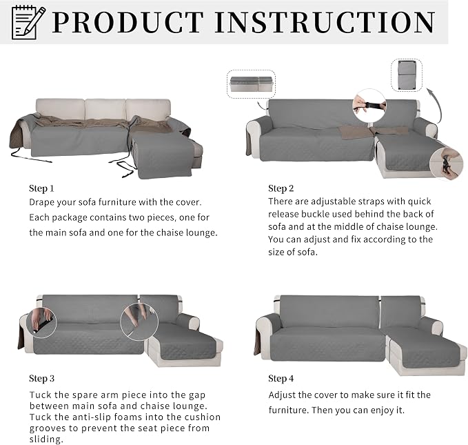 Easy-Going Waterproof Sectional Couch Covers with Chaise 2-Piece Non Slip L Shape Sofa Cover for Dogs Leakproof Furniture Protector Cover with Adjustable Strap for Pets (X-Large, Gray) - Image 5