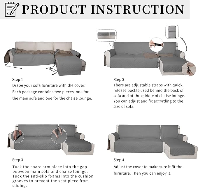 Easy-Going Waterproof Sectional Couch Covers with Chaise 2-Piece Non Slip L Shape Sofa Cover for Dogs Leakproof Furniture Protector Cover with Adjustable Strap for Pets (Small, Gray) - Image 5