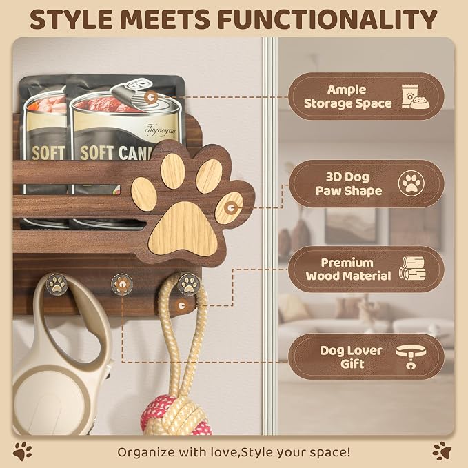 MTERSN Decorative Dog Leash Holder for Wall - Dog Accessories Organizer with Floating Shelf and 6 Key Hooks – Key Holder Wall Mount for Cute Stuff & Rustic Home Decor (Brown) - Image 5
