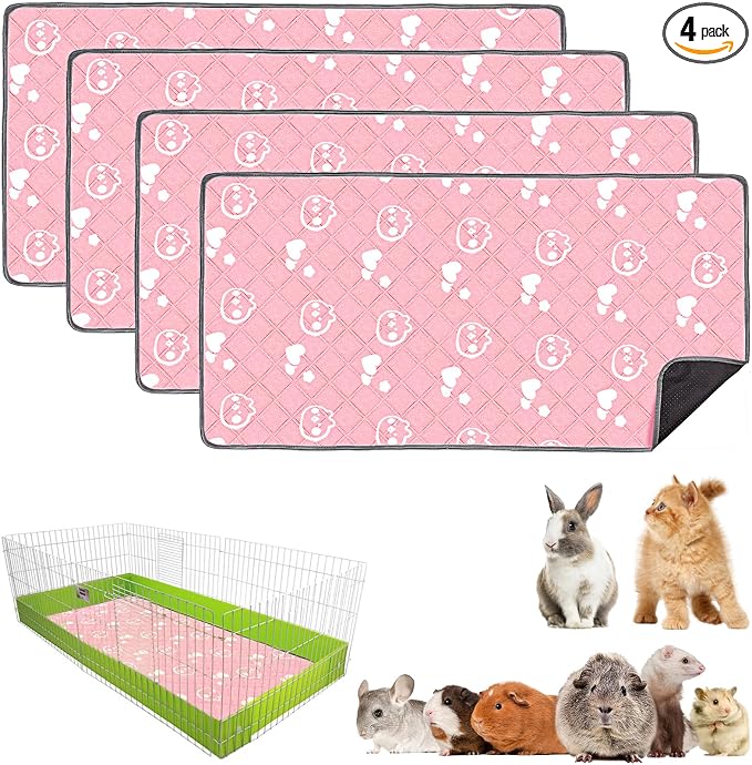 4 Pack Guinea Pig Bedding - Washable Guinea Pig Liners for Midwest Cage, Waterproof Reusable Pee Pads Super Absorbent Mats for Small Animals Pet Rabbit Bunny Hamster Rat (Pink, 48 x 24 Inch) by Mooydee