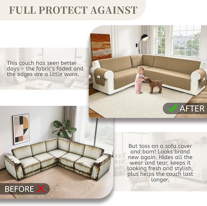 Sectional Couch Covers for Dogs 100% Waterproof Corner L Shaped Sofa Cover Pet Friendly Velvet Washable Anti Slip L Shape Modular Sofa Slipcover Protector with Pockets (Light Brown, X-Large) - Image 7