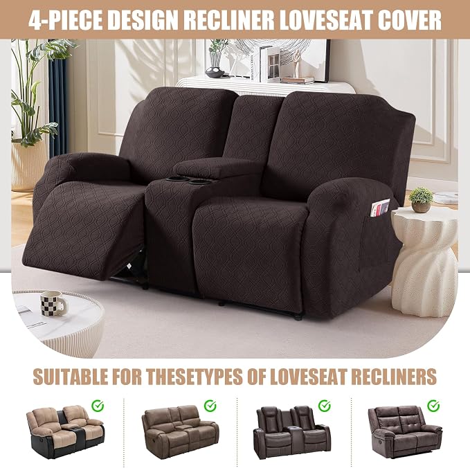 VANSOFY Stretch Recliner Loveseat Cover with Middle Console, Chocolate | 4-Pieces, Soft Furniture Protector, Washable Slipcover with Pocket, Pets Sofa Cover, High Stretchy fabric Couch Cover - Image 4