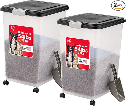 IRIS USA Airtight Dog Food Storage Container, Up to 54 lbs, Attachable Wheels, For Dog Cat Bird and Other Pet Food Storage Bin, Keep Fresh, Translucent Body, Easy Mobility, 2 Pack, Black by IRISUSA