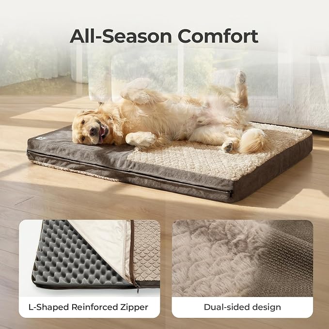 37" Indestructible Dog Bed for Large Dogs – Chew-Proof Pet Mat with Double-Sided Plush & Waterproof Liner, Tough Crate Mat with Egg-Crate Foam Support, Indoor & Outdoor Use, Brown - Image 3