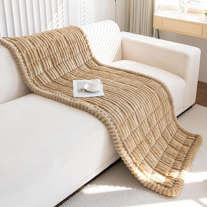 STACYPIK Geometric Striped Sofa Cover Non-Slip Fuzzy Pets Couch Cover for 2 Cushion Couch, Washable Khaki Couch Cover for Dogs, Jacquard Warm Corduroy Bed Mat Cover-23.6x59.1IN - Image 7