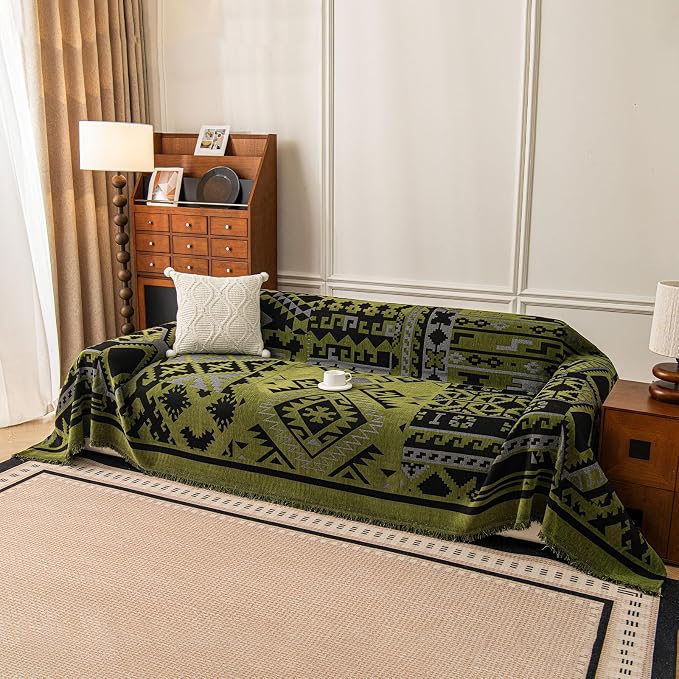 VClife Boho Couch Cover, Aztec Sofa Cover for Dog, Non Slip Washable Couch Covers for 3 Cushion Couch Sofa, Reversible Triangle Geometric Futon Cover Furniture Protector (Black-Green, 71" x 134") - Image 3