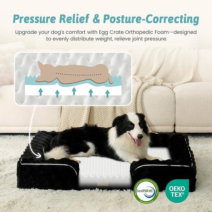 COZY KISS Orthopedic Dog Bed for Extra Large Dog 44x32 inch, XL Faux Fur Pet Sofa, Bolster Foam Bed with Sides, Non-Slip and Egg-Crate Big Dog Couch Bed with Washable Removable Cover, Black - Image 2