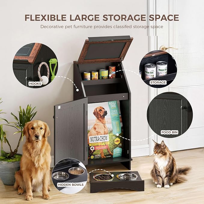 FIMELLO Dog Feeding Station with Storage, Dog Food Cabinet with 2 Hidden Feeding Bowls, Flip-Top Pet Storage Cabinet, Pet Food Holder, Black Grain - Image 4