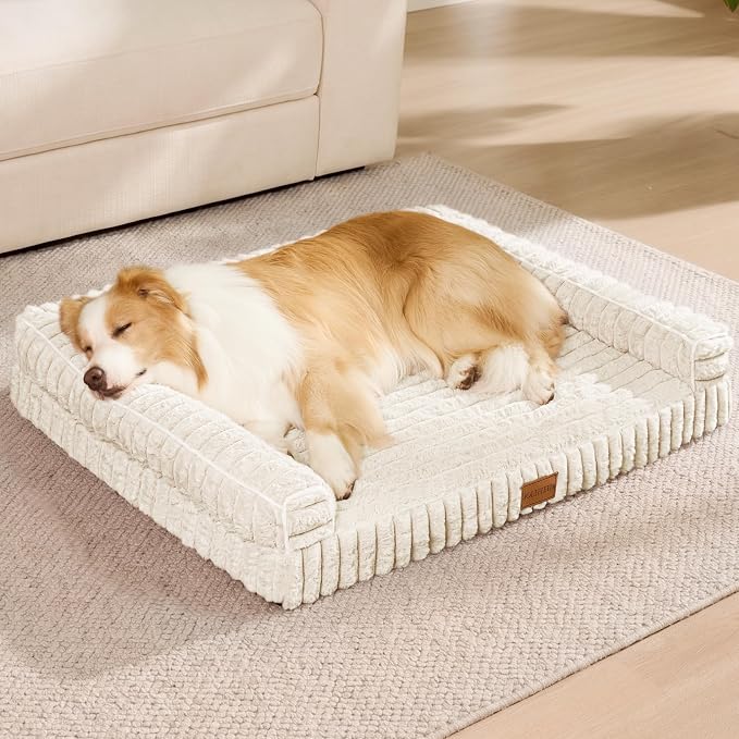 Orthopedic Calming Large Dog Bed Pet Sofa Bed 48''X30'' Ivory | 3-Sided Pet Couch Large Sized Dog, Soft Egg-Crate Foam Dog Mat, Waterproof Removable Washable Cover, Nonskid Bottom Cat Bed - Image 2