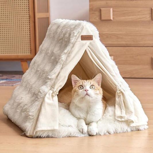 FUKUMARU Cat Cave Bed, Sturdy Frame Washable Cat Tent Bed with Curtain | Semi-Enclosed Cat Hideaway for Anxious Cats, Large Cozy Cat House for Indoor Cats, Soft Plush Covered Dog Bed, Cream by FUKUMARU