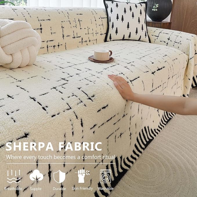Sherpa Fleece Oversized Couch Cover for 3-4 Cushion Sofa, Beige 71" x 150" - Pet Proof Heavy Duty Scratch Resistant Furniture Cover - Easy Install, Machine Washable - Image 2