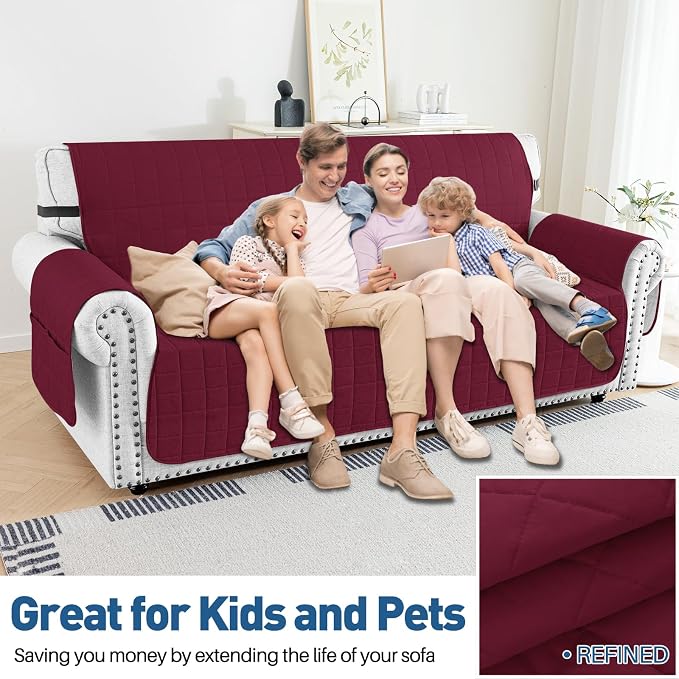 MAXIJIN Waterproof Oversized Couch Covers for 3 Cushion Couch, 79" Quilted Sofa Covers Washable Pet Dog Couch Cover Protector with Elastic Strap & Side Pocket (Large Sofa, Wine Red) - Image 4