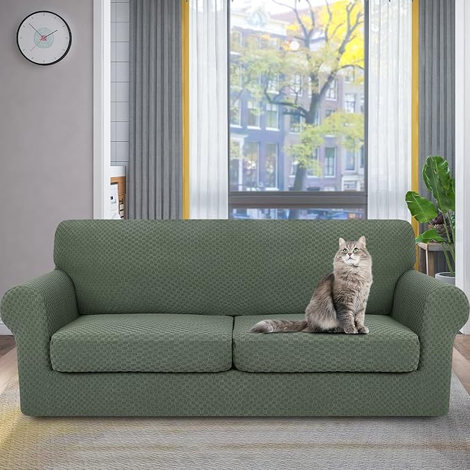 YEMYHOM Latest Checkered 3 Pieces Couch Covers for 2 Cushion Couch High Stretch Sofa Cover with 2 Extra Large Seat Cushion Covers Anti Slip Elastic Slipcovers (Army Green), 71"-91"(2 Cushions) - Image 2
