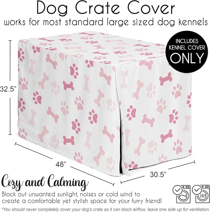 Sweet Jojo Designs 48in. Large Dog Crate Cover (Bones and Paw Prints) for Girls Pet Cage, Kennel Covers (Modern, Cartoon, Doggy, Puppy, Neutral, Paws Print, Whimsical, Playful, Pastel, Pink & White) - Image 5