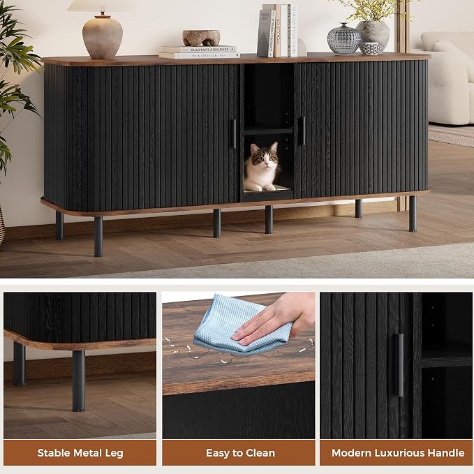 58" Double Cat Litter Box Enclosure, Large Hidden Litter Box Furniture for 2 Cats with Cat Scratch Pad, Wooden Modern Indoor Cat House with Double Room, TV Stand, Side Table, Black - Image 4