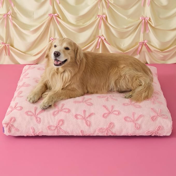 LE SURE Cute Aesthetic XL Dog Bed, Jacquard Thick Pet Pillow，44x32 | Shredded Chopped Foam, Jacquard Modern Plush Crate Cushion Gift Idea, Waterproof Washable Cover, Nonslip Bottom, Bow Pink by Lesure