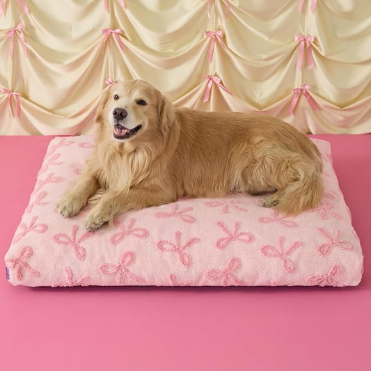 LE SURE Cute Aesthetic XL Dog Bed, Jacquard Thick Pet Pillow，44x32 | Shredded Chopped Foam, Jacquard Modern Plush Crate Cushion Gift Idea, Waterproof Washable Cover, Nonslip Bottom, Bow Pink by Lesure